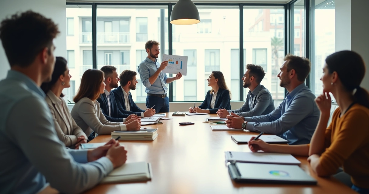 Equipe em reunião colaborativa com troca de ideias