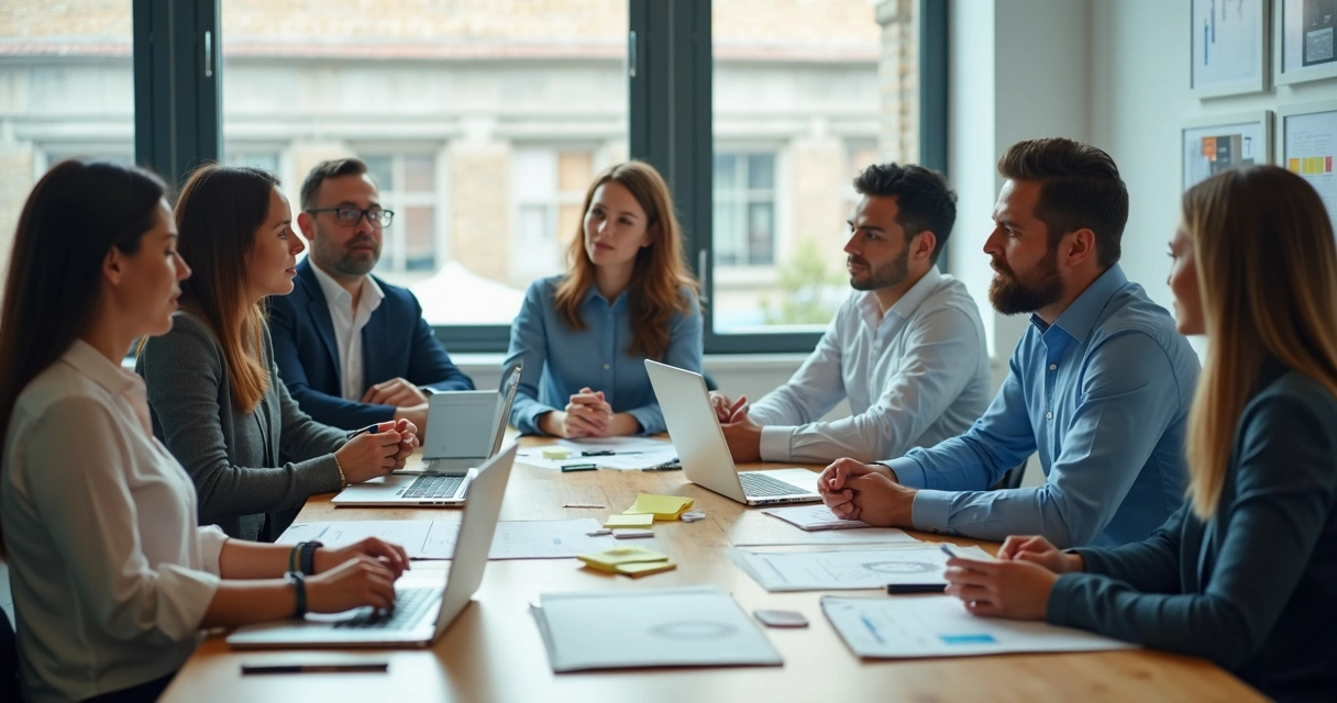 Equipe reunida trocando ideias em mesa de trabalho