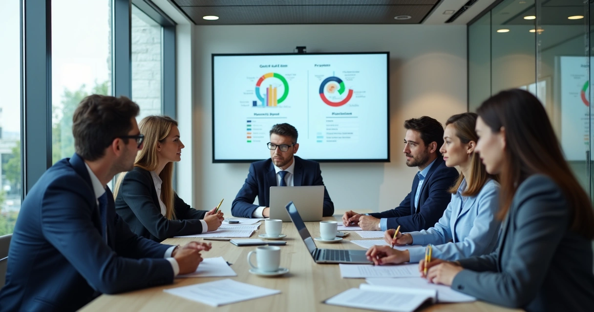 Equipe em reunião alinhando metas e colaboração 