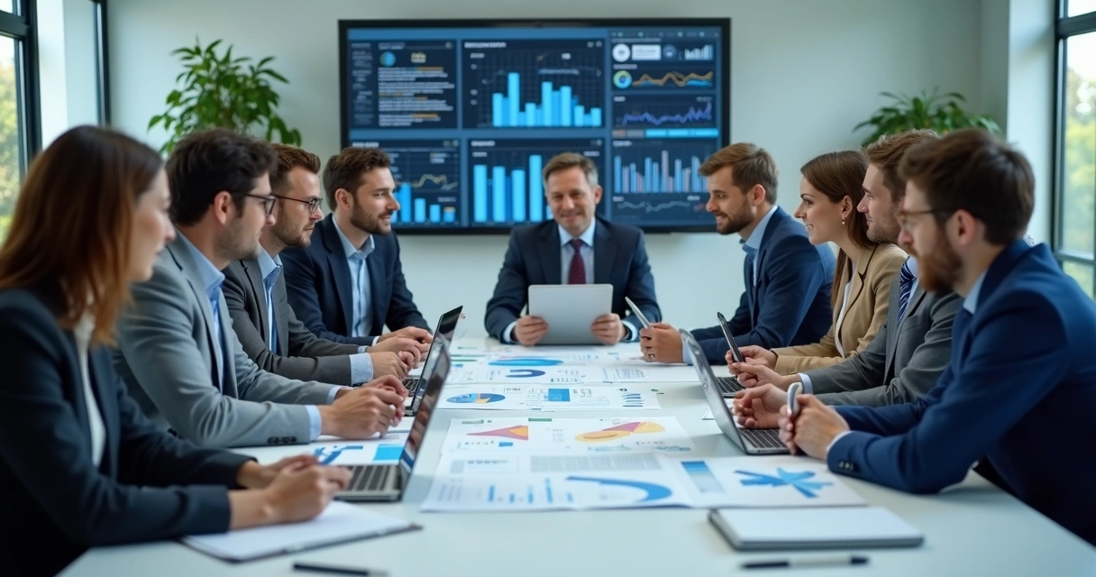 Profissionais de vendas e marketing reunidos em mesa discutindo estratégias 