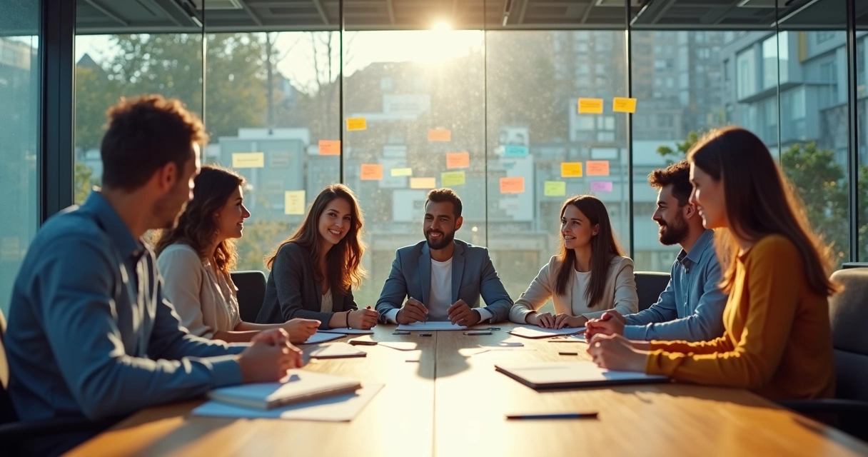 Pessoas sentadas ao redor de uma mesa discutindo valores organizacionais 
