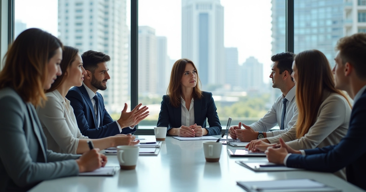 Equipe de colaboradores em uma reunião de empresa moderna com expressões de preocupação e diálogo aberto.