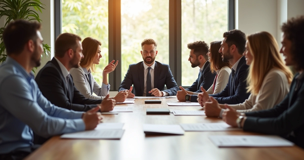 Grupo de colaboradores em reunião, alguns demonstrando resistência e outros abertos à mudança
