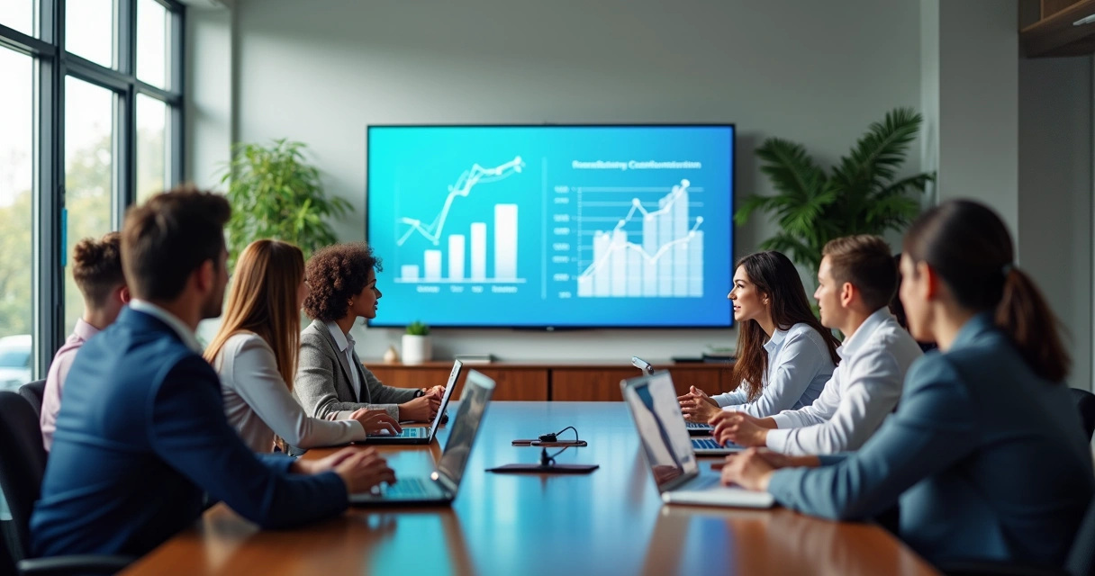 Equipe de colaboradores reunida em sala moderna assistindo vídeo corporativo em grande tela 