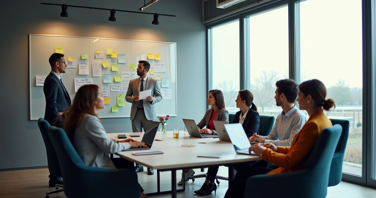 Equipe em reunião colaborativa com anotações em quadro 