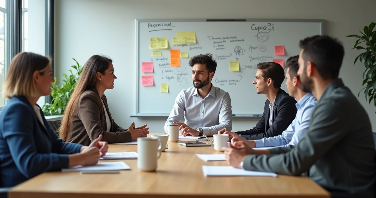 Equipe reunida em mesa com post-its e quadro visual