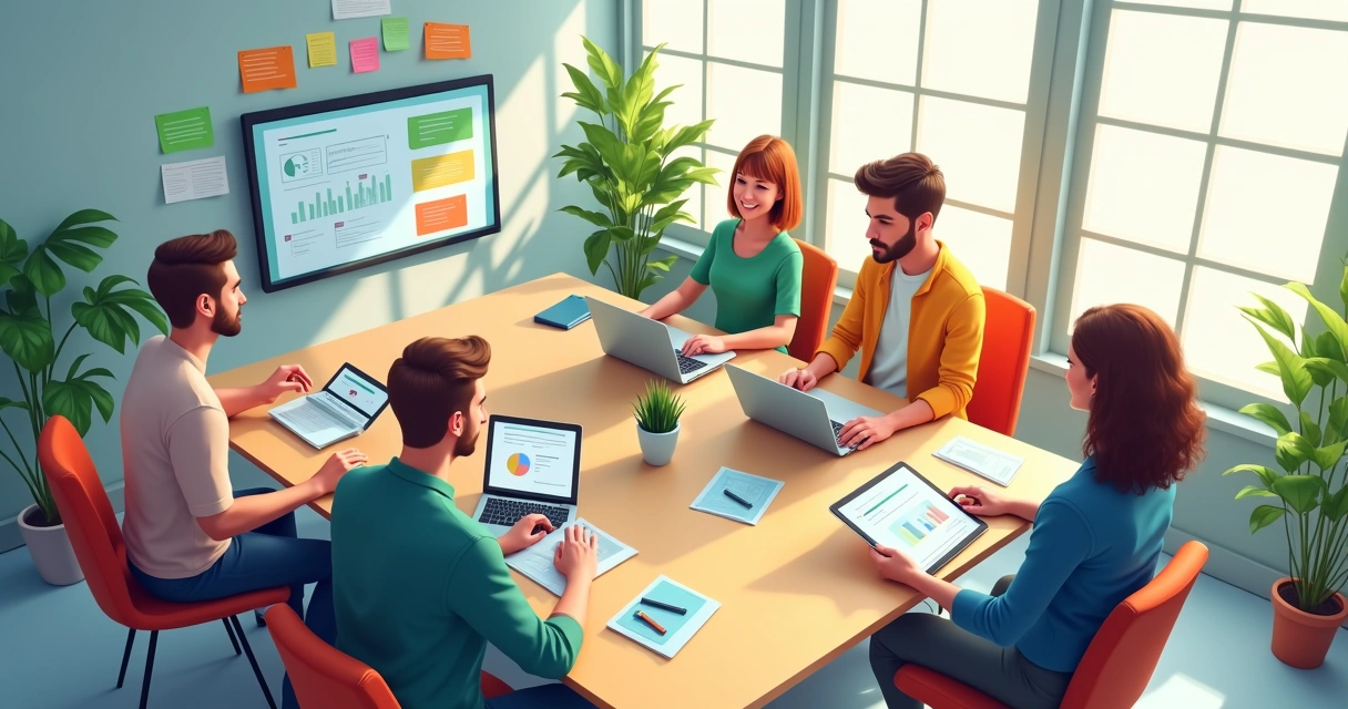 Equipe reunida em sala de reunião, colaborando em frente a quadro digital de tarefas 