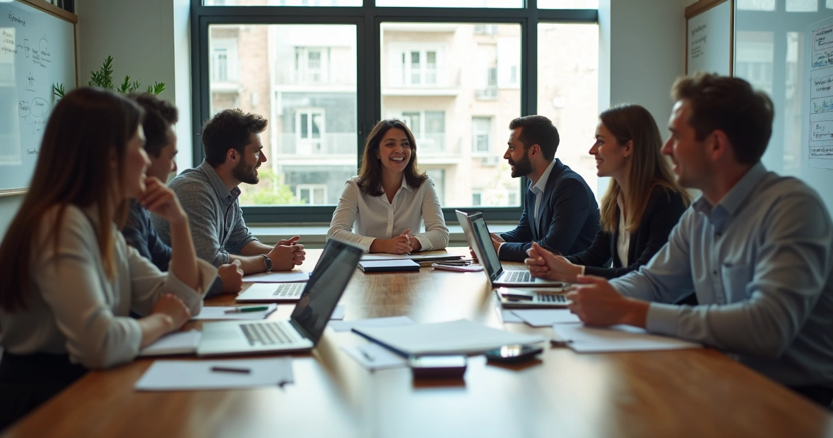 Equipe reunida ao redor de uma mesa discutindo projetos com expressão atenta 
