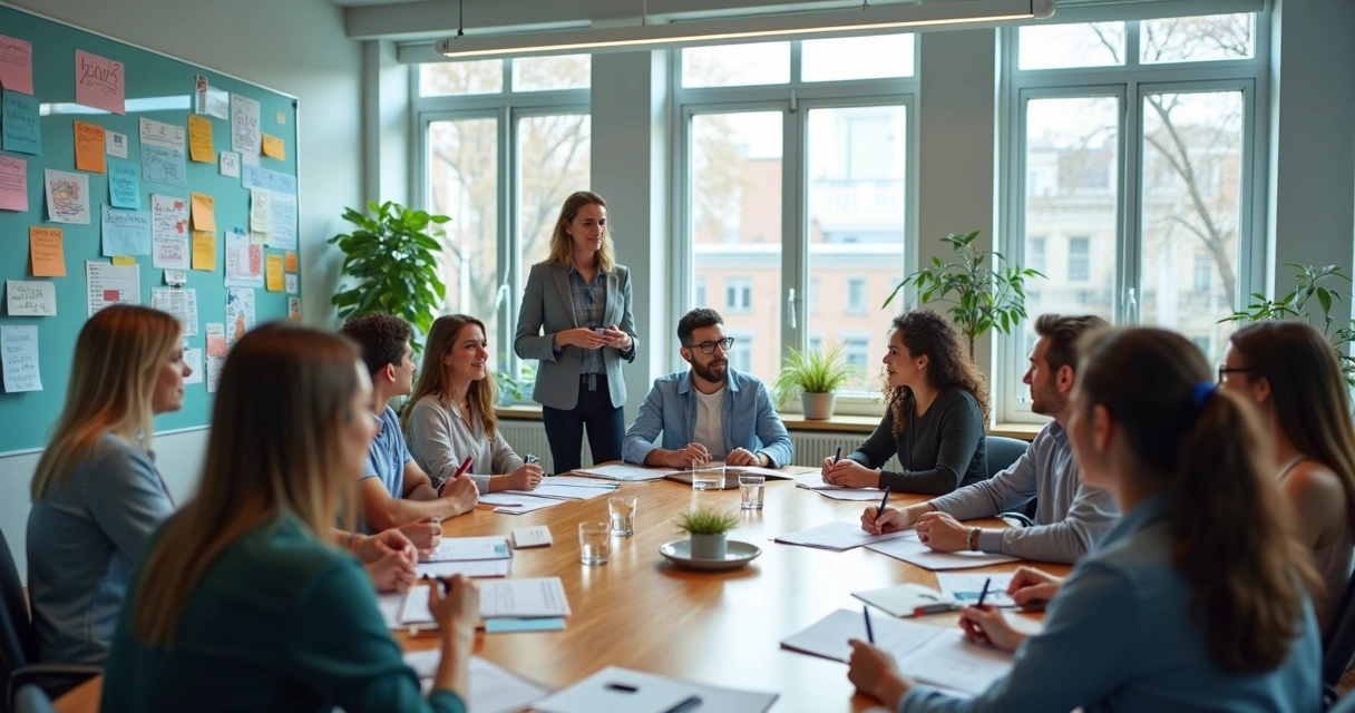 Equipe diversa colaborando em reunião com ideias visíveis em quadro 