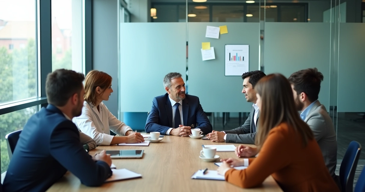 Equipe em reunião colaborativa com gestor ao centro 