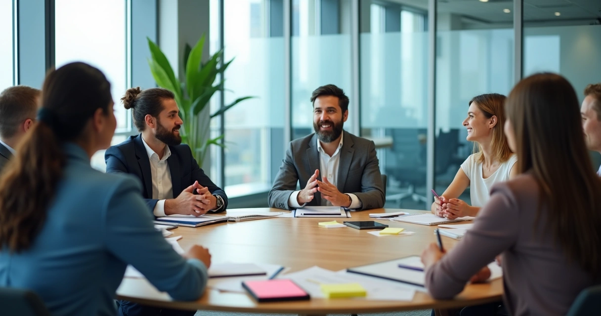 Equipe em reunião colaborativa com trocas equilibradas 
