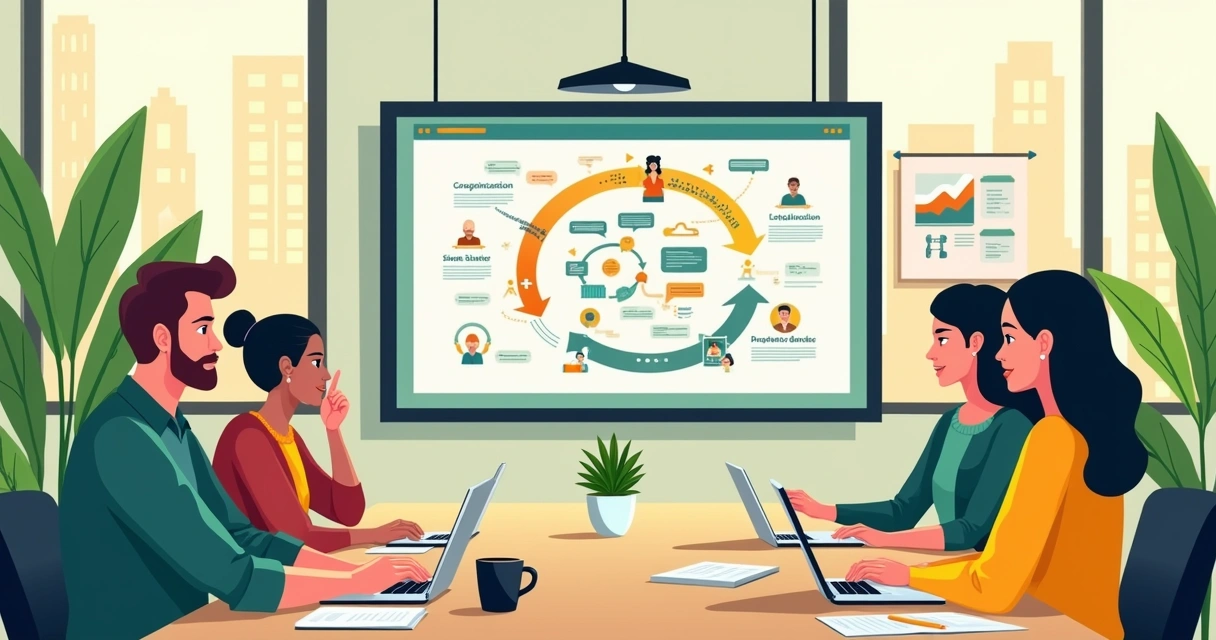 Profissionais em uma sala de reuniões colaborativa com gráficos e ferramentas de comunicação digital.