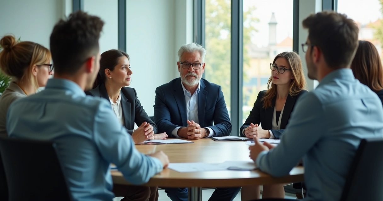 Equipe reunida em reunião com líder falando ao centro