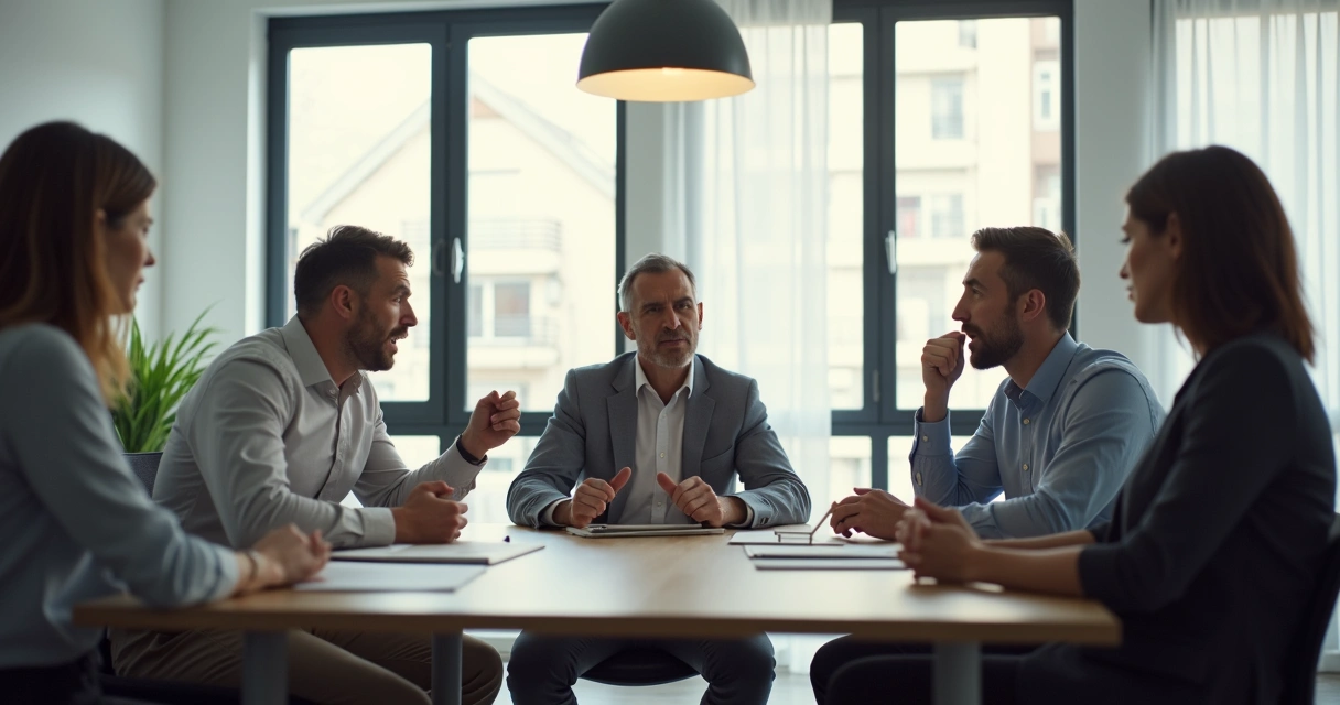 Colegas em uma reunião debatendo, repetindo padrão de discussão. 