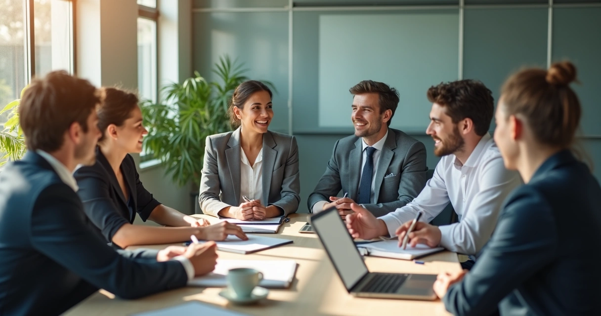 Equipe em reunião relaxando após momento de tensão