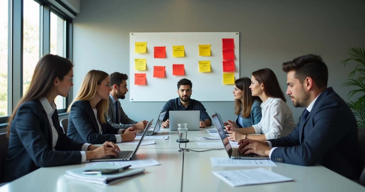 Equipe em reunião com prazos atrasados no quadro