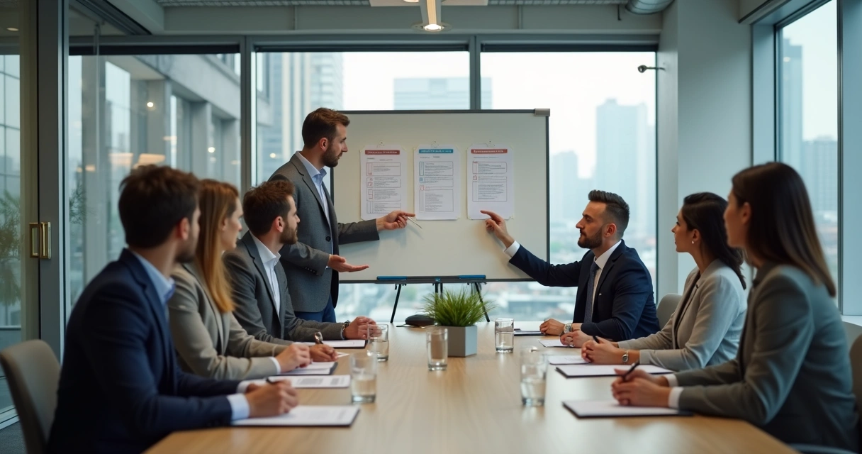 Equipe em reunião com liderança apontando prioridades