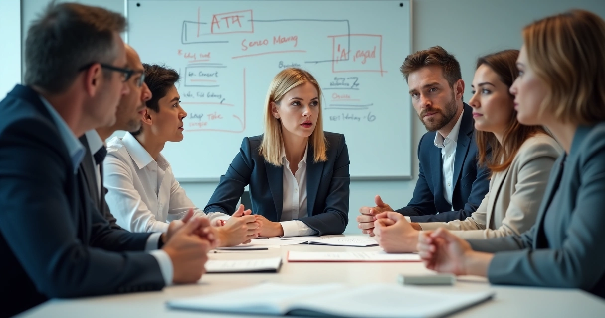 Pessoas em reunião com expressões tensas e anotações em destaque. 