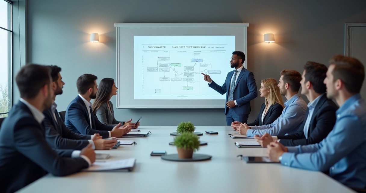 Equipe em reunião com líder apontando plano no quadro