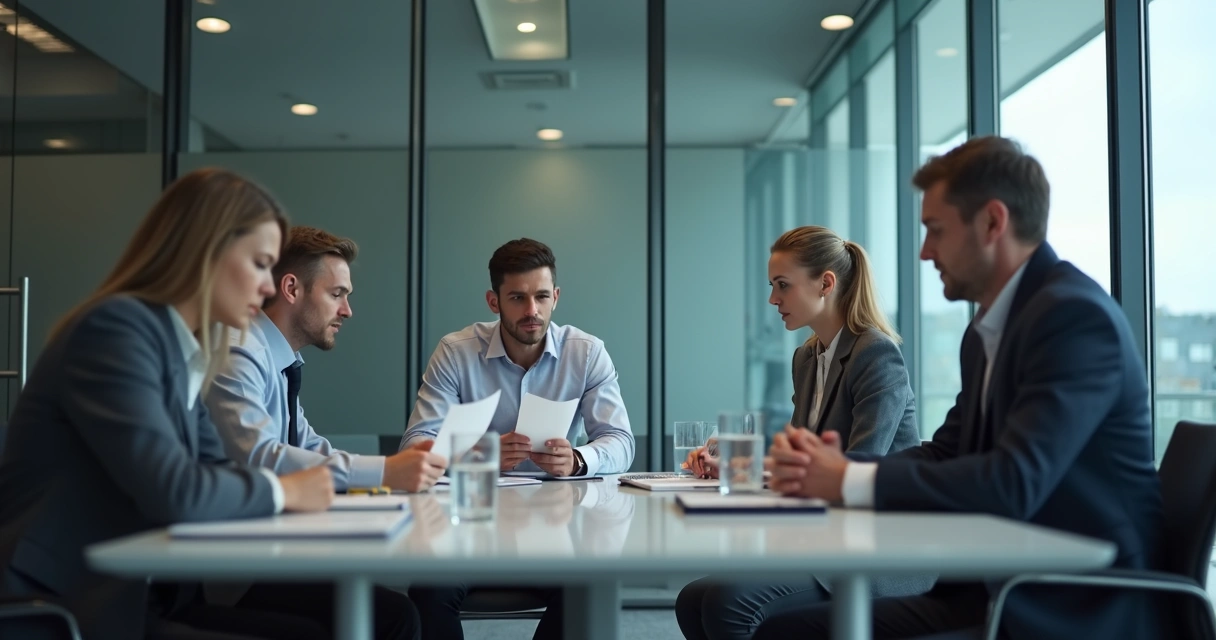 Equipe em reunião com expressões contidas e clima de desconfiança 