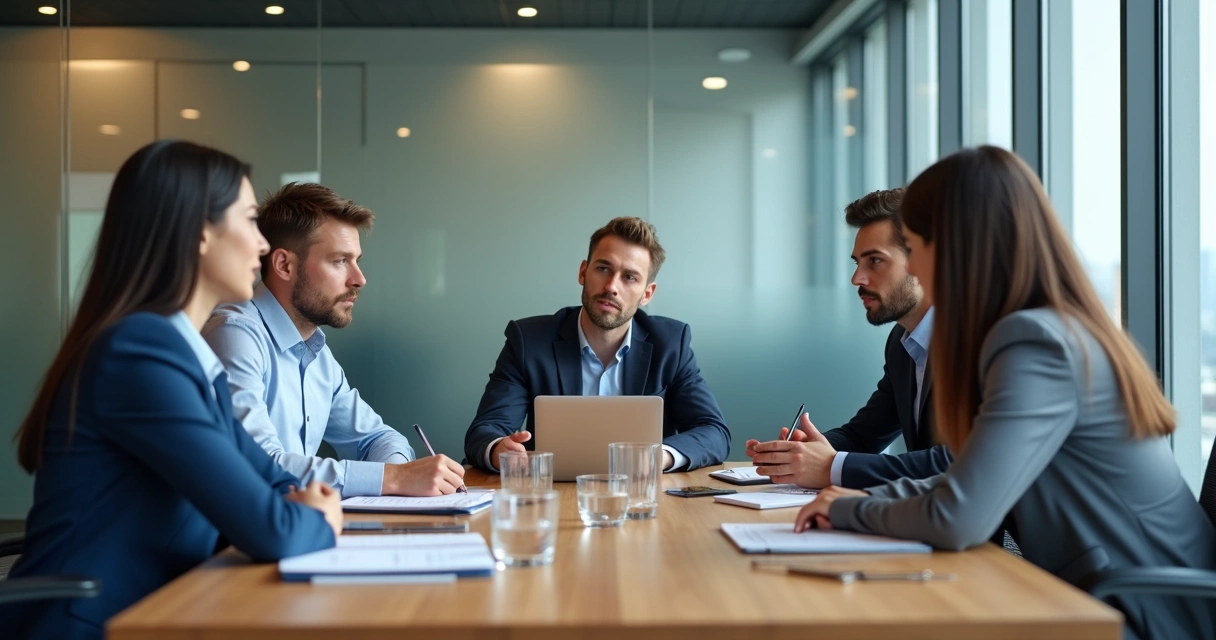Equipe em reunião com diálogo aberto e expressões atentas 