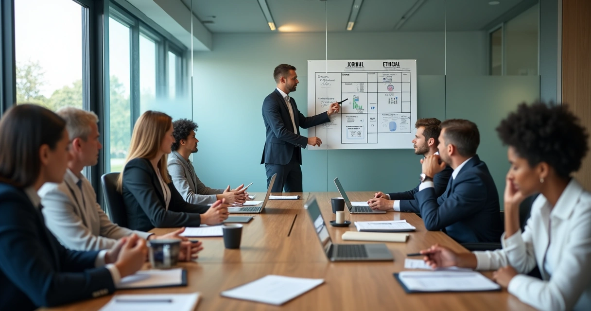 Equipe em reunião avaliando dilema ético com gráficos e anotações 