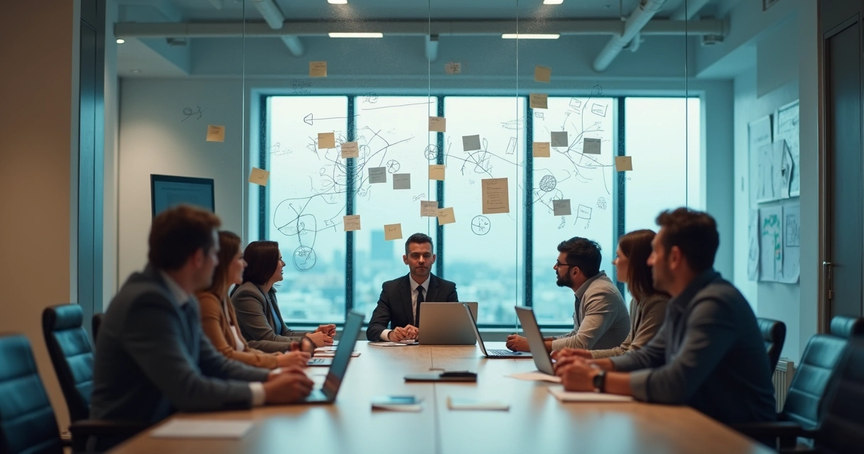 Equipe em reunião com anotações confusas em quadro de vidro