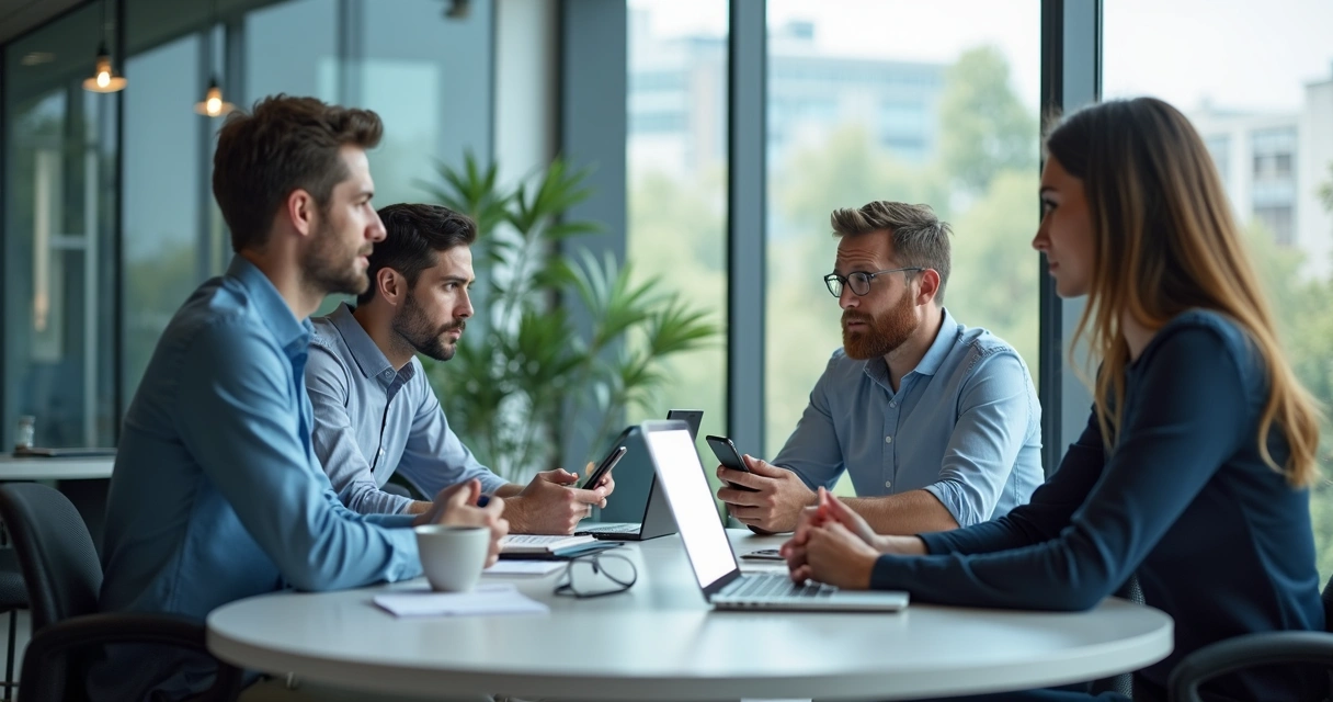 Reunião com telas e distrações no escritório