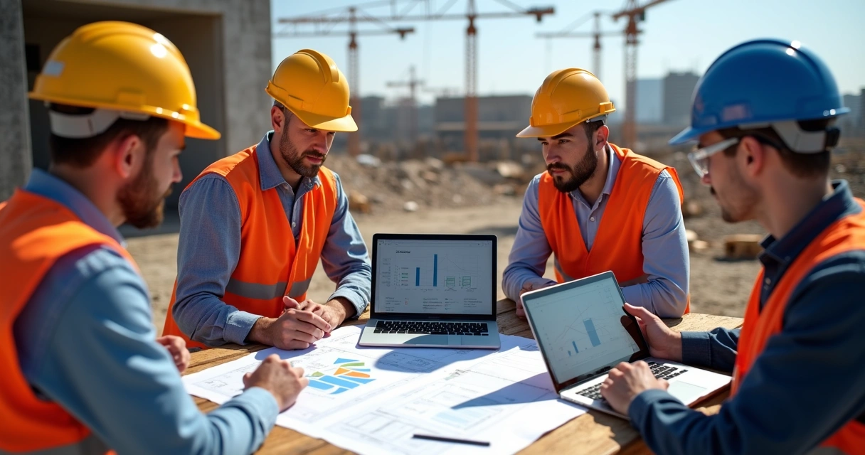 Equipe de profissionais da construção civil discutindo ao redor de uma mesa de obra com documentos e tablets 