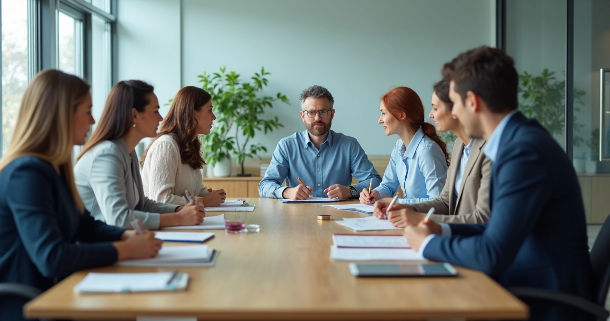 Equipe em reunião com escuta ativa e foco compartilhado