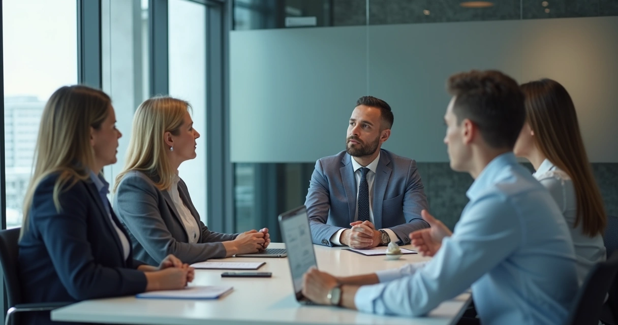 Líder em reunião ouvindo equipe ao redor da mesa