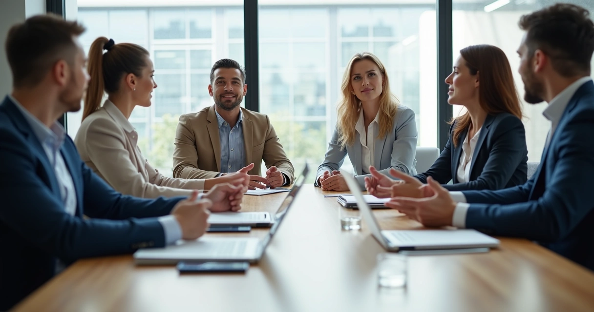 Equipe em reunião com gestos de escuta e atenção