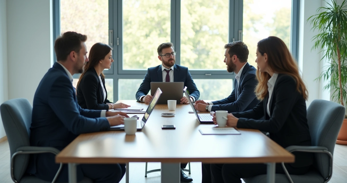 Reunião corporativa com uma pessoa isolada à mesa