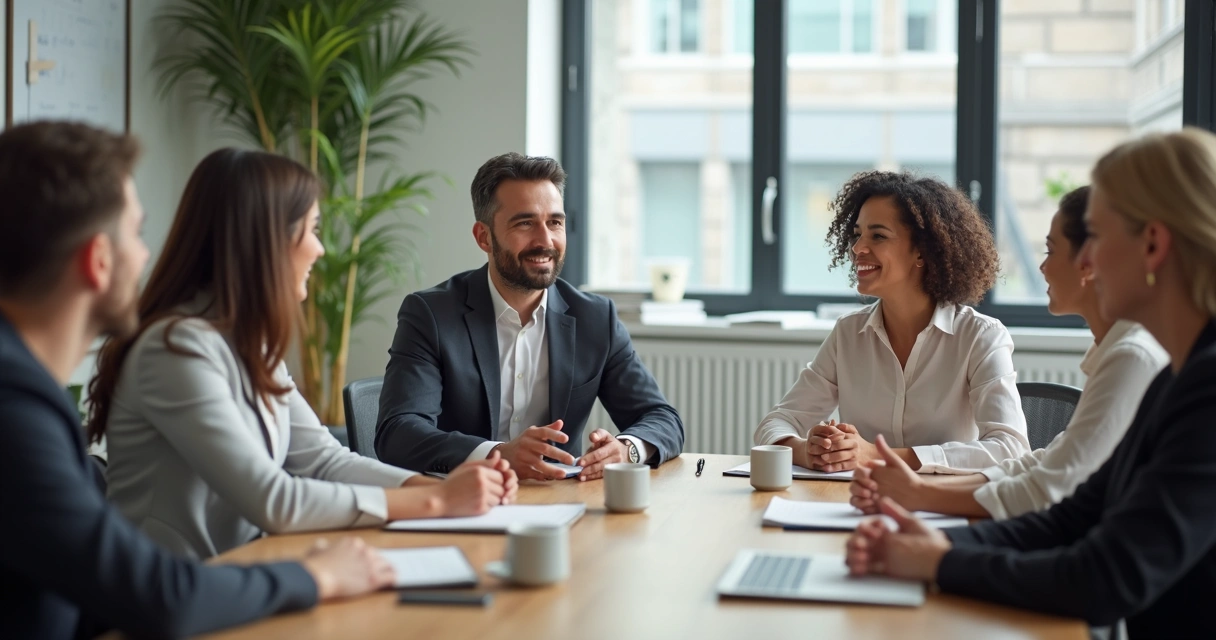 Equipe em reunião com expressão leve e acolhedora