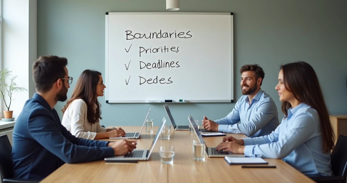 Equipe em reunião com anotações de limites e prioridades em quadro branco