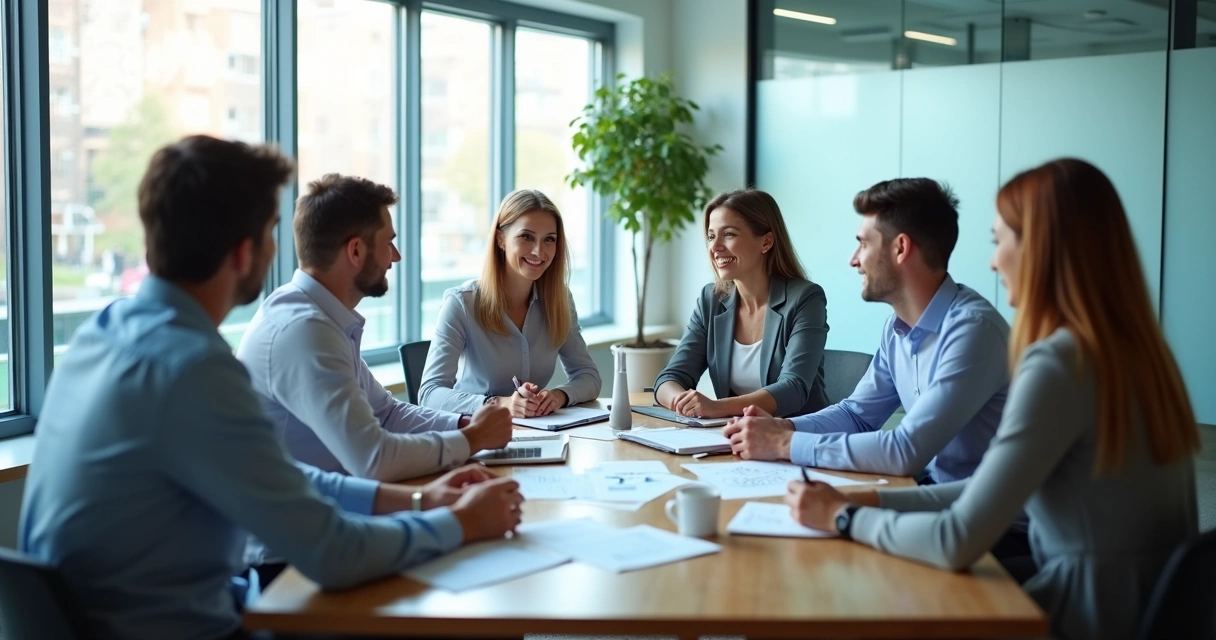 Equipe reunida em mesa com foco e colaboração