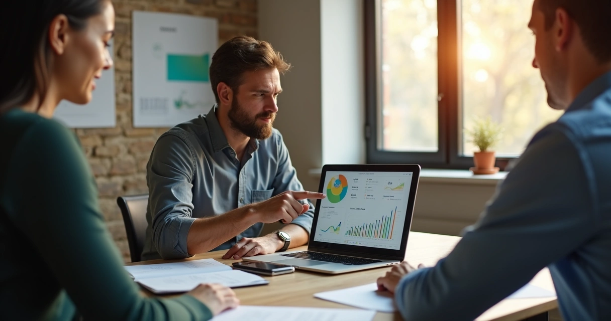 Dono de PME em reunião trimestral com cliente estratégico mostrando gráficos