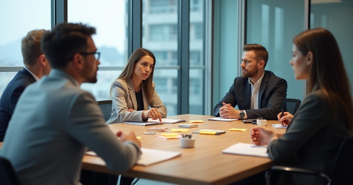 Equipe em reunião com expressões tensas e comunicação confusa 