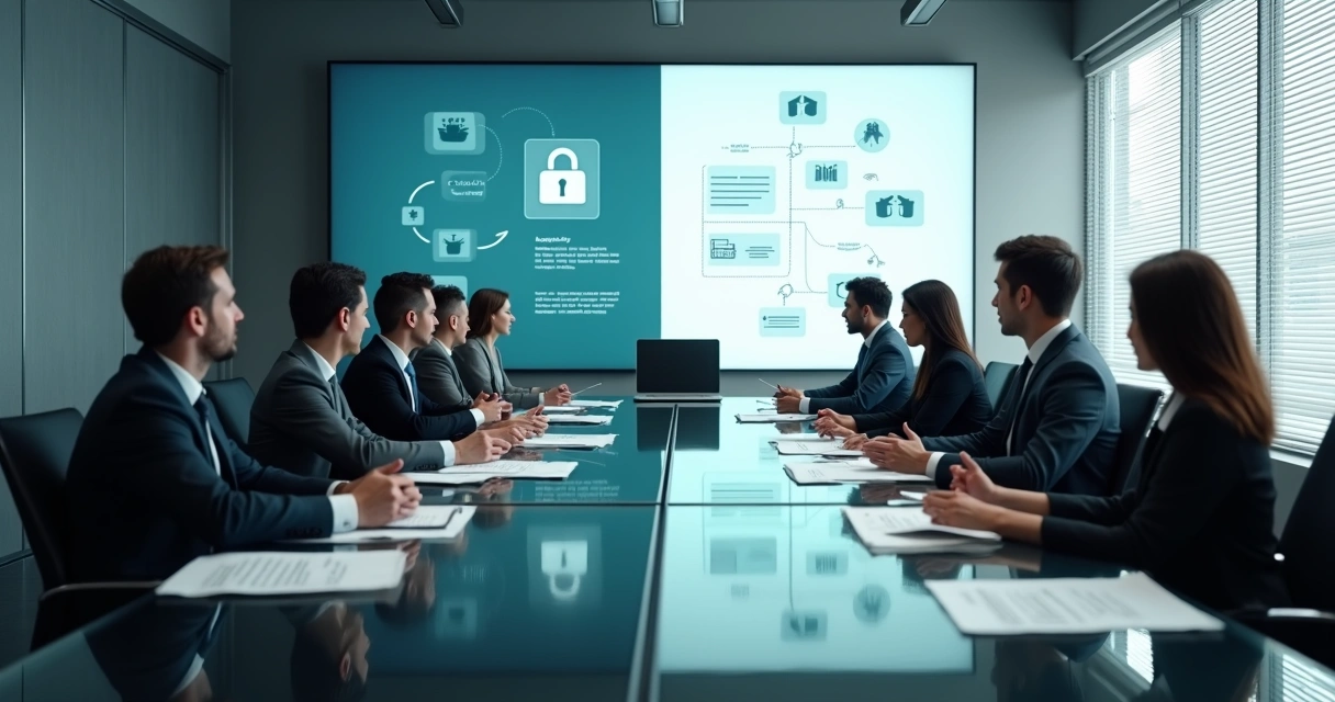 Sala de reunião executiva com parede dividida ilustrando sigilo e transparência documental 
