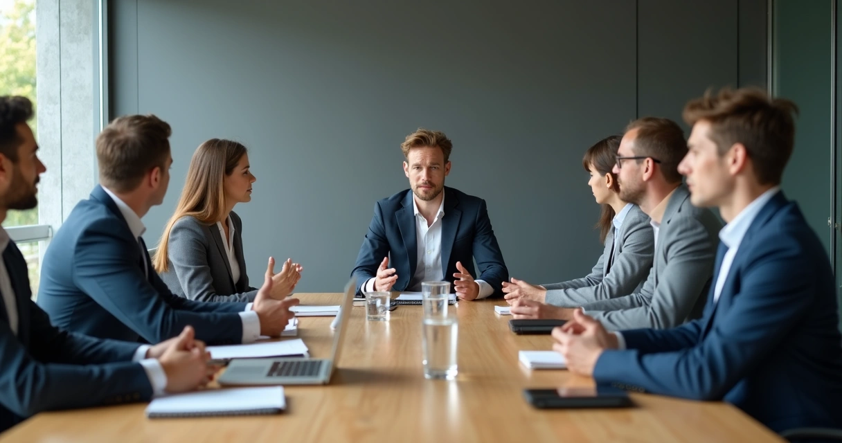 Equipe em reunião com expressões tensas e postura contida 