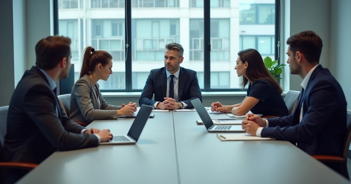 Equipe em reunião com clima de tensão e distância