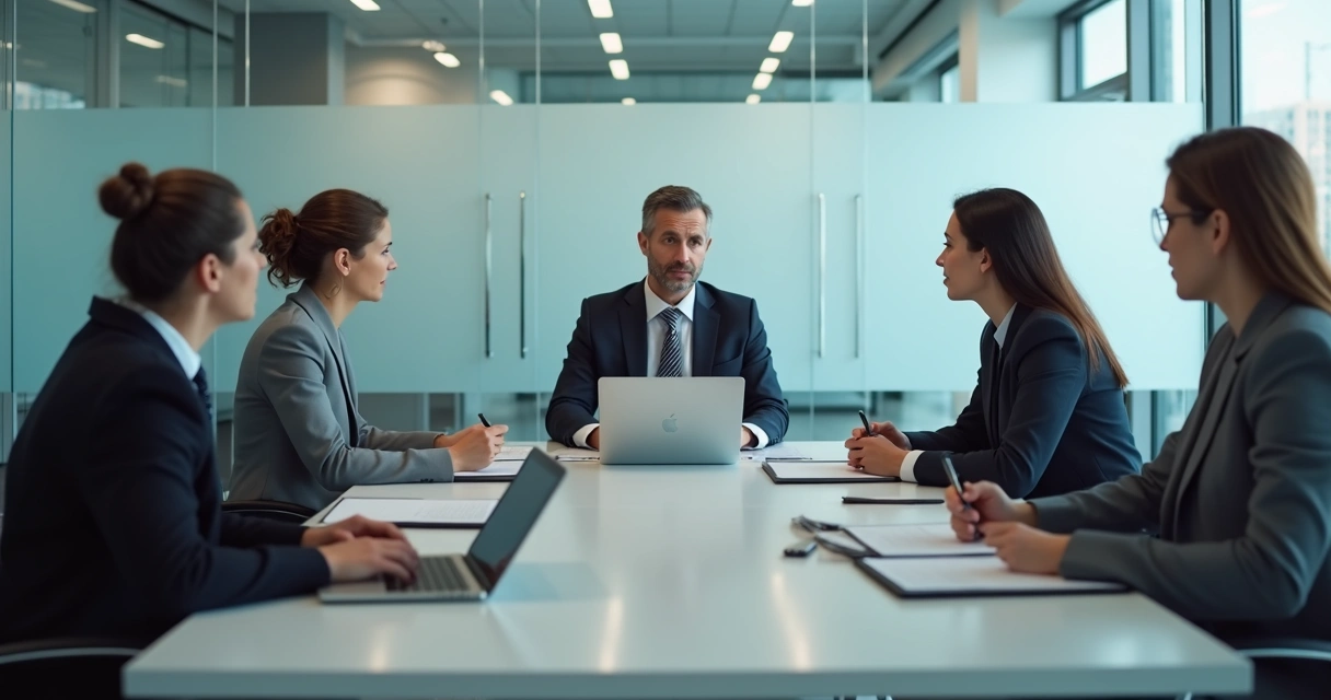 Equipe em reunião com expressões tensas e distância entre colegas