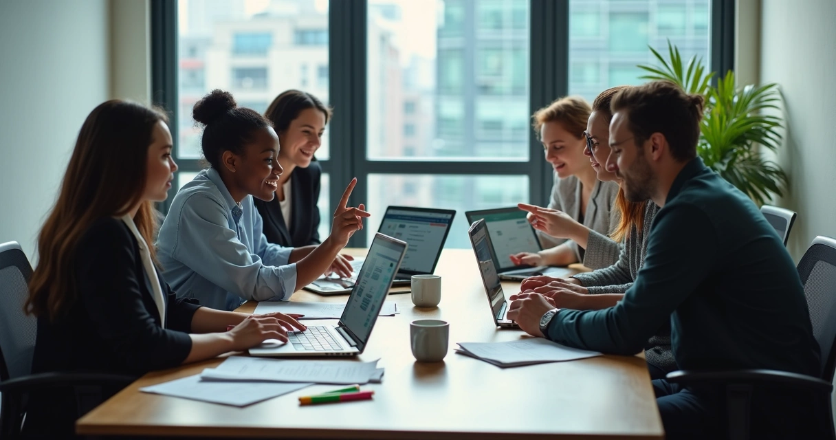 Equipe em reunião de atendimento digital, mesa com notebooks e WhatsApp Web na tela 