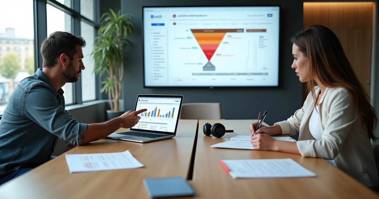 Reunião comercial em agência digital com time analisando propostas no notebook 