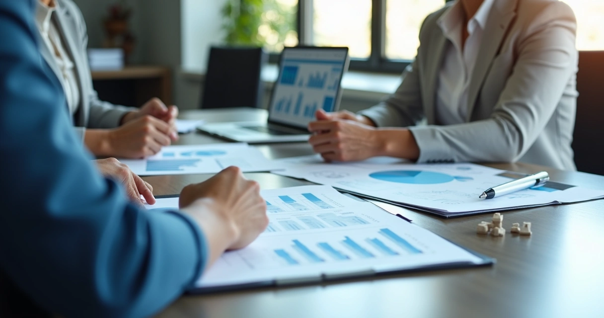 Reunião comercial com proposta e gráficos de crescimento sobre a mesa 