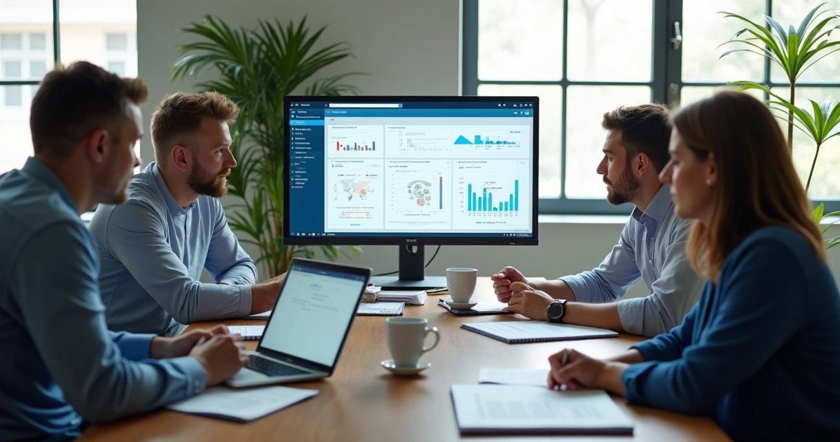 Equipe comercial em reunião consultando dados de CRM em notebook e monitor