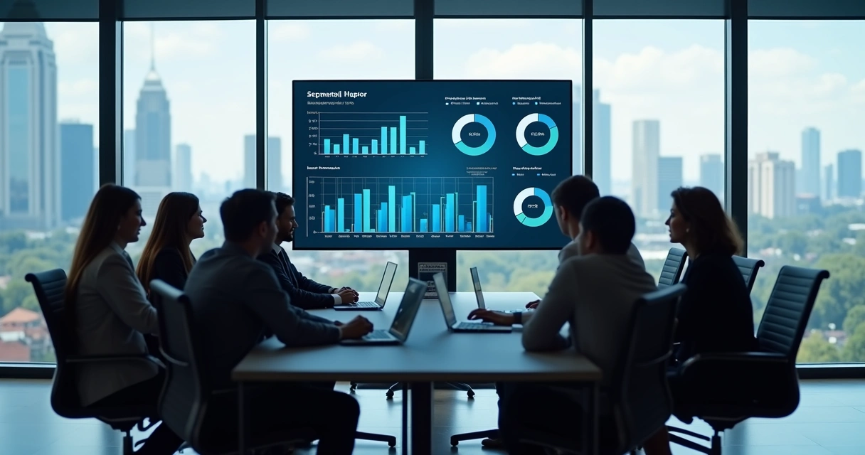 Equipe comercial em reunião analisando dashboards de vendas B2B 