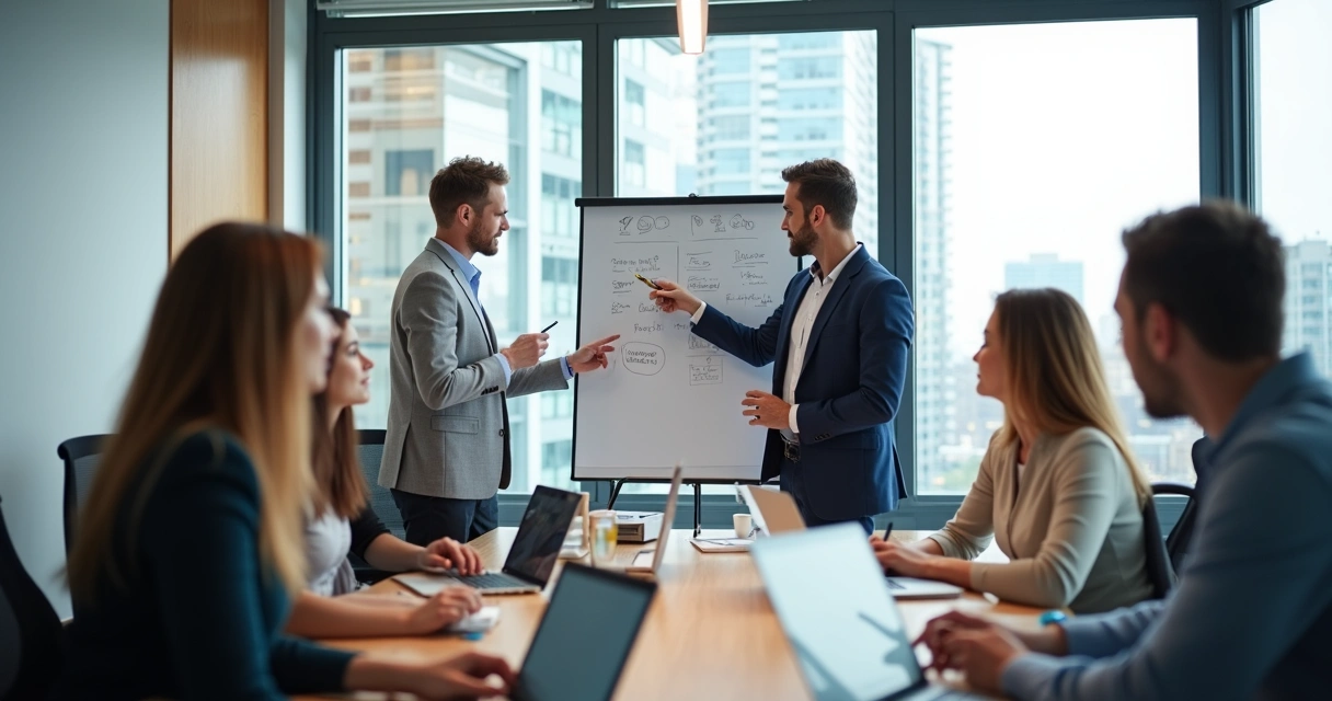 Equipe de vendas discutindo casos reais de qualificação de leads com anotações em uma sala de reunião. 