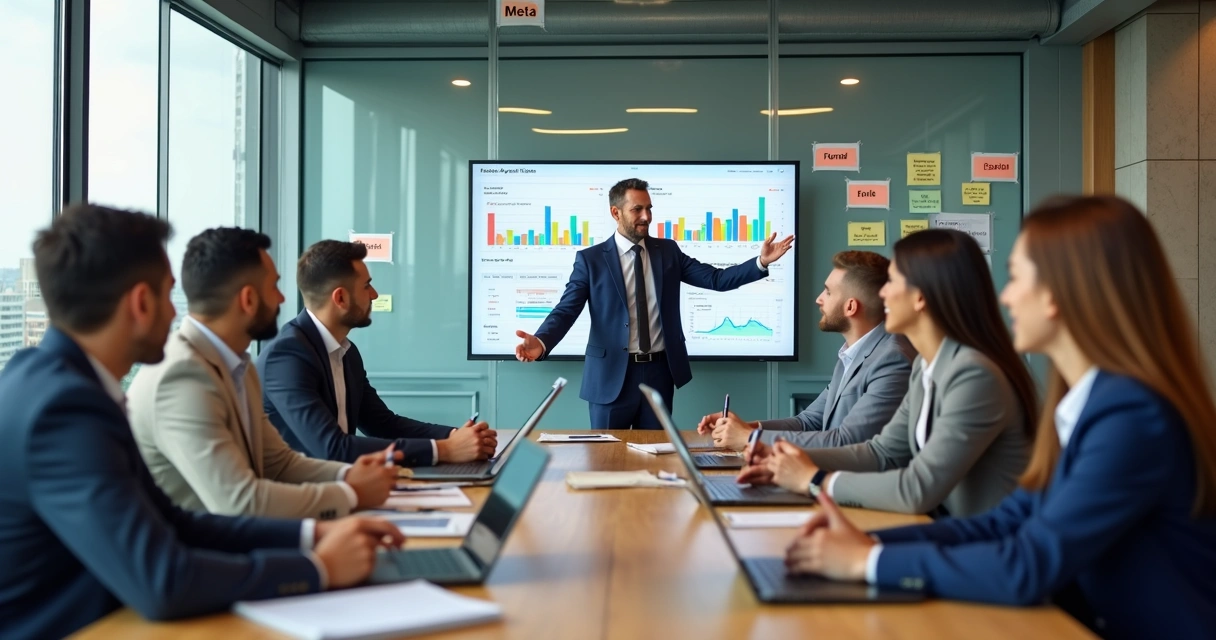 Equipe de vendas em reunião focada em métricas e resultados 