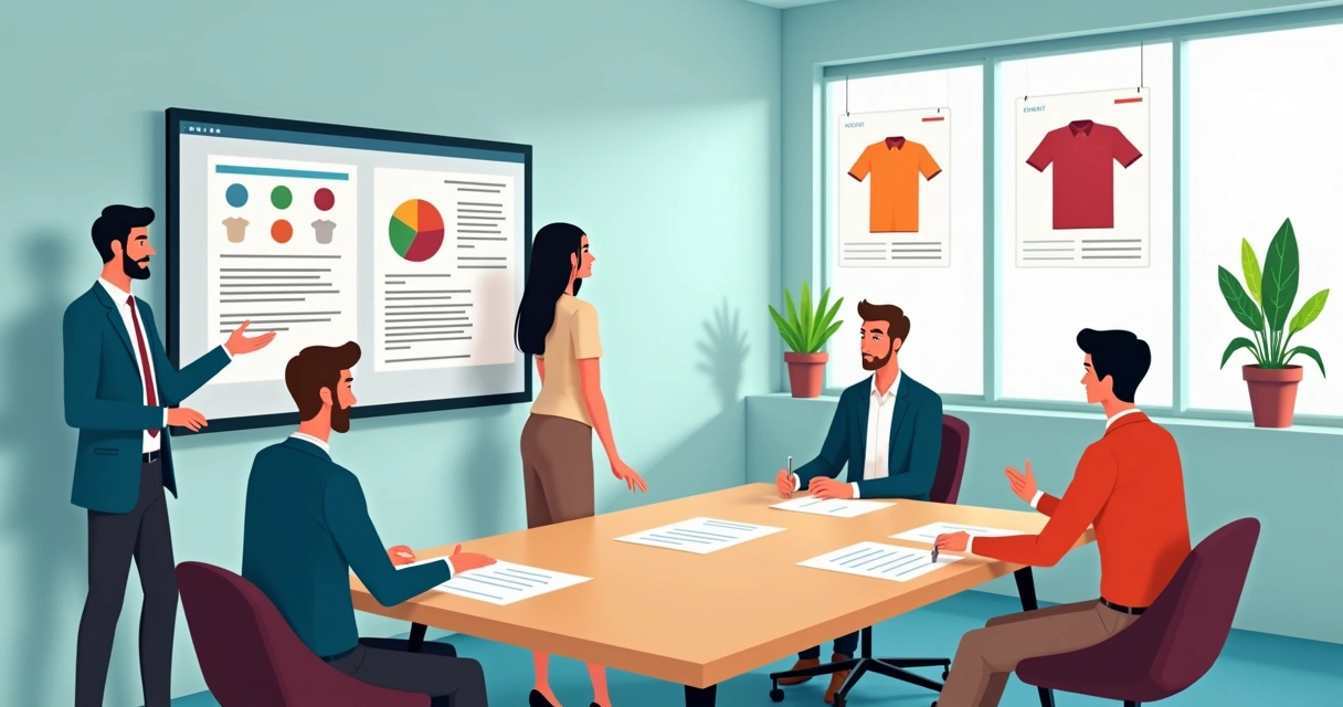 Reunião comercial entre fornecedor de camisetas e clientes empresariais 